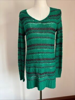 Motherhood Emerald and Black Striped V-Neck Sweater